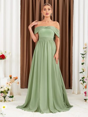 Fruit Green Off-Shoulder Bridesmaid Dress Elegant Slim Fit Long Gown