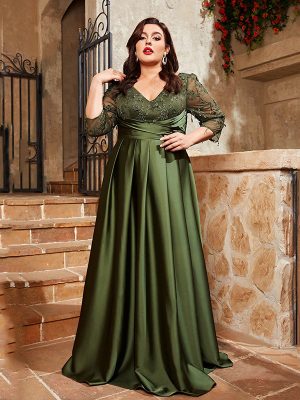 Plus Size Satin V-Neck Sequin Long Sleeve Maxi Cocktail Dress