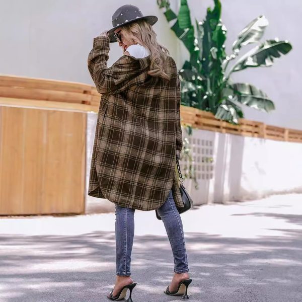 Loose Fitting Woolen Plaid Coat for Women - Image 4