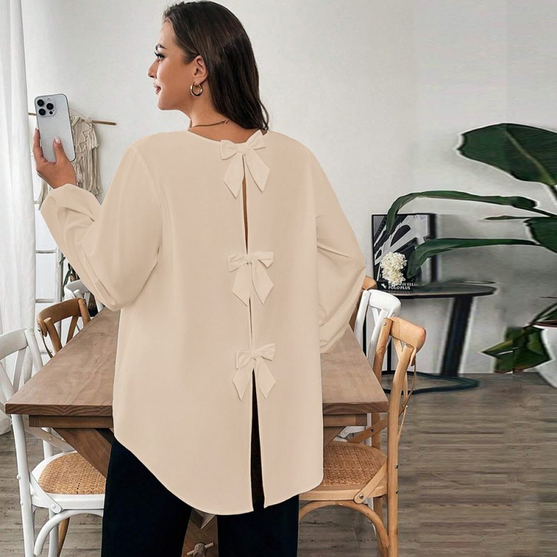 Plus Size Loose Slimming Bow T-Shirt – Comfortable Autumn Winter Blouse - Image 4