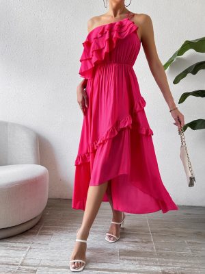 Elegant Asymmetric Hem Oblique Shoulder Tube Top Dress