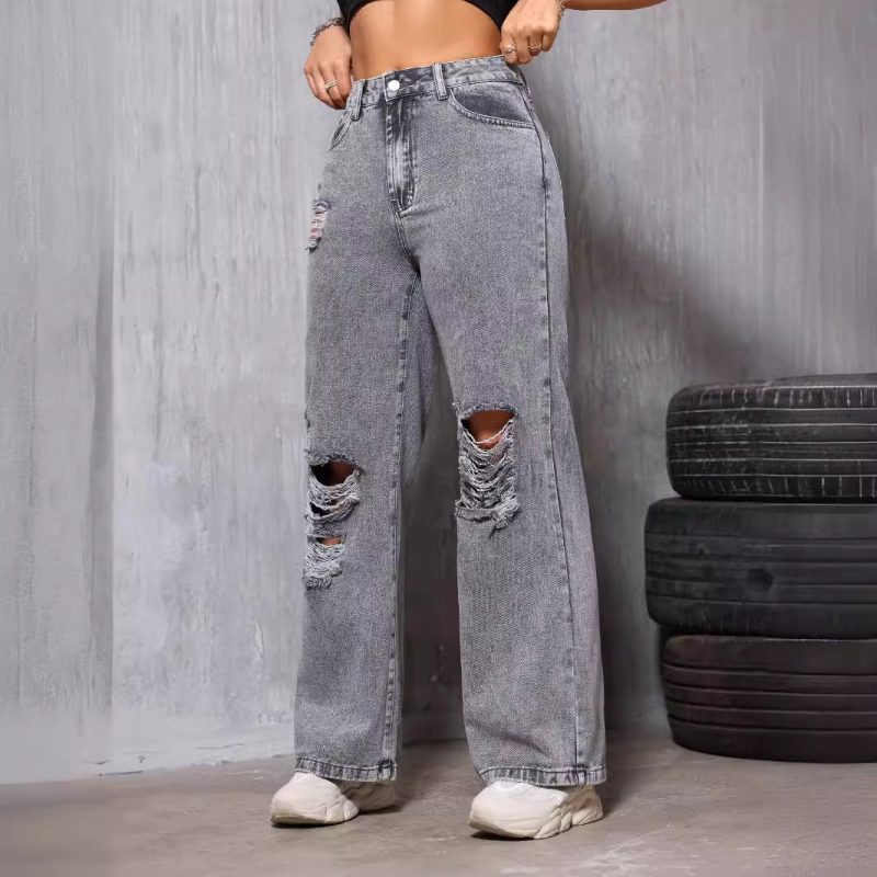 Women's Slimming Denim Straight Leg Pants with Holes - Image 3