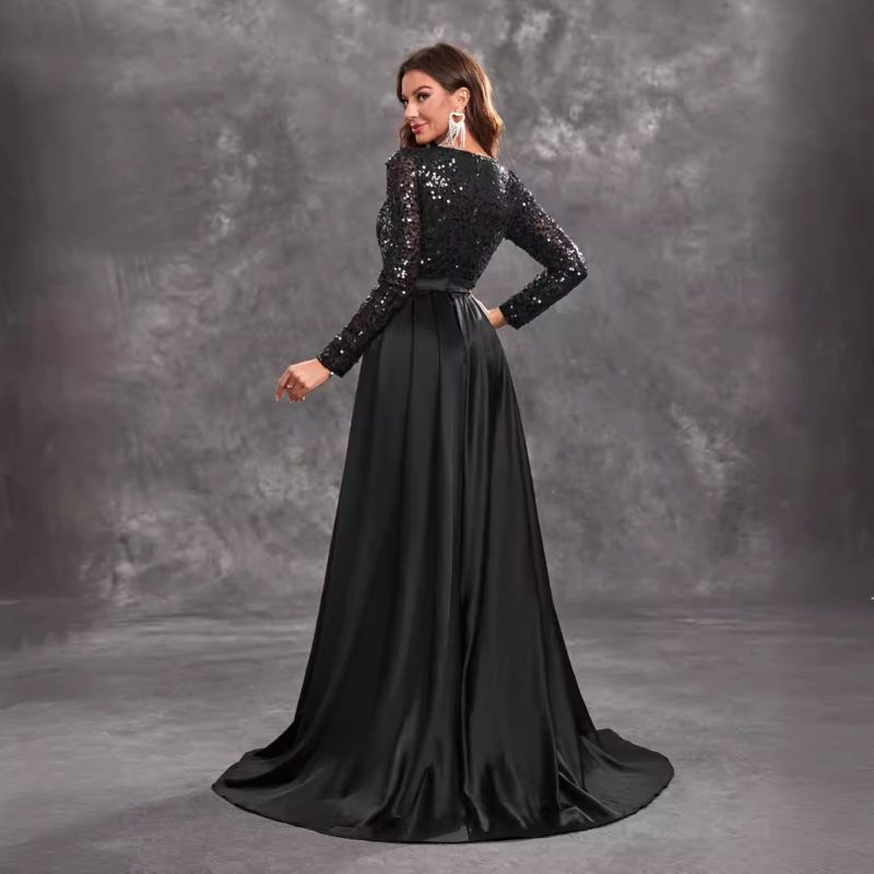 Women’s Elegant Black Sequined Long Sleeve Round Neck Prom Party Dress - Image 2