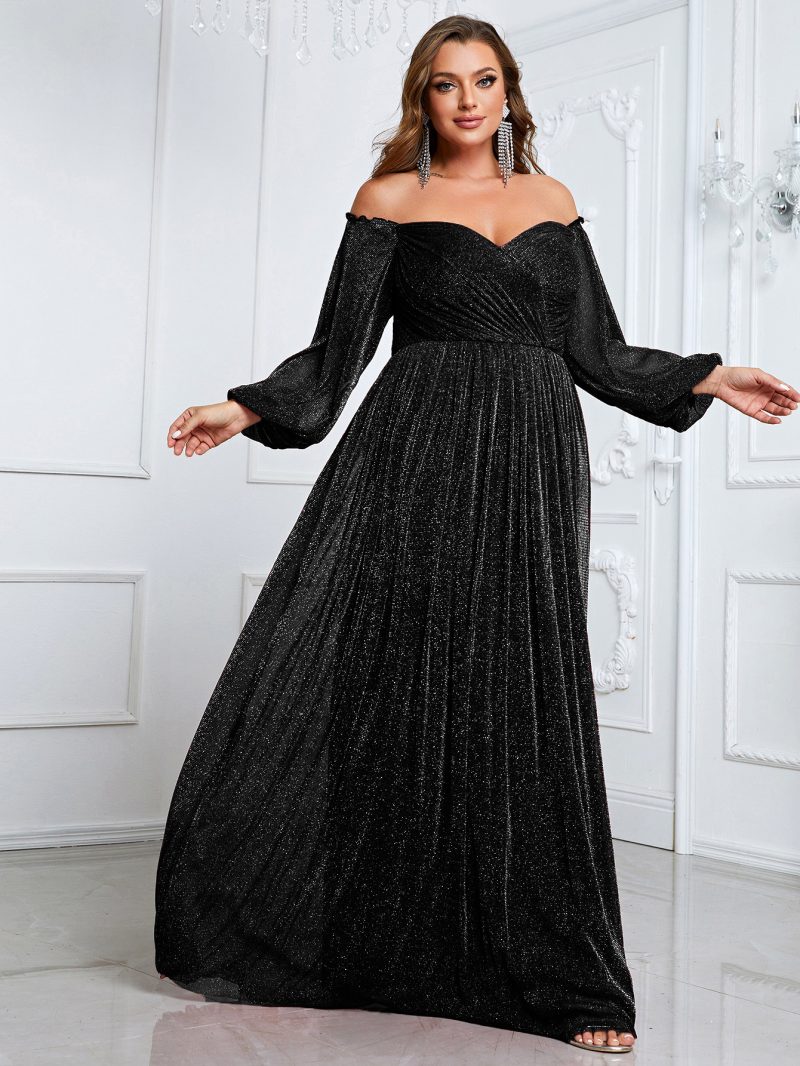 Plus Size Off Shoulder Long Sleeve Solid Color Cocktail Evening Gown - Image 3