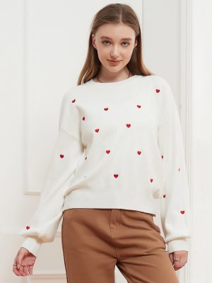 Round Neck Lantern Sleeve Solid Color Love Sweet Simple Sweater Pullover