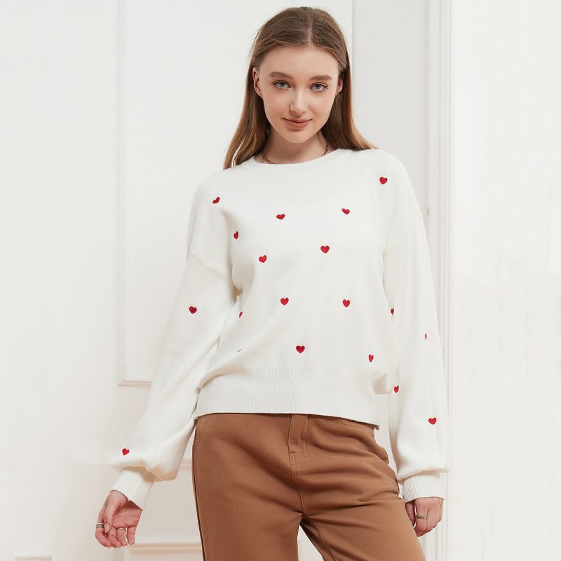 Round Neck Lantern Sleeve Solid Color Love Sweet Simple Sweater Pullover