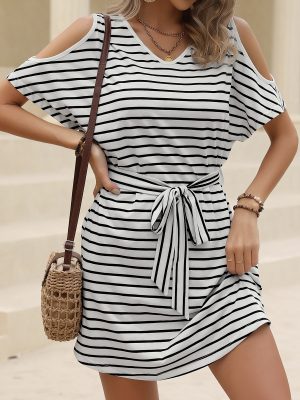 V-Neck Off-Shoulder Striped T-Shirt Dress for Spring & Summer