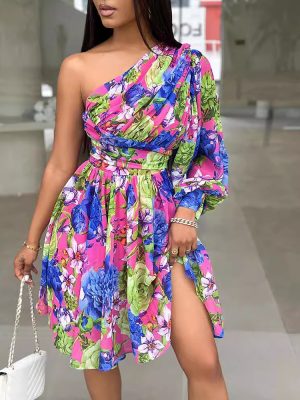 Bohemian Print Off-Shoulder Long Sleeve Midi Dress for Women