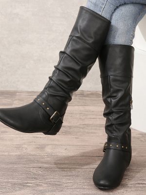 Retro Autumn Winter Women’s Boots – Sleeve Belt Buckle Round Toe