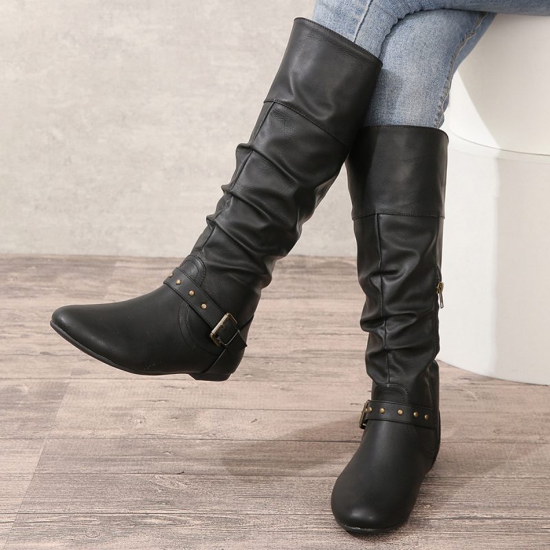 Retro Autumn Winter Women’s Boots – Sleeve Belt Buckle Round Toe