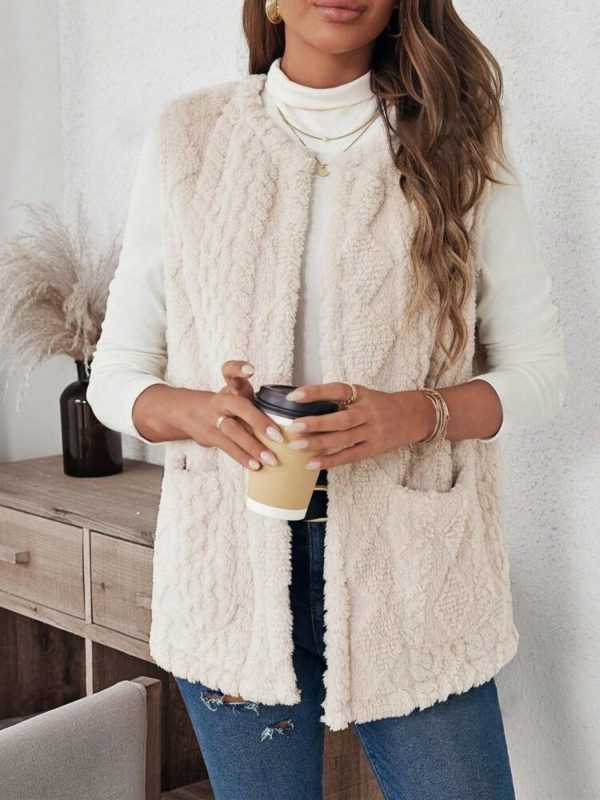 Double Sided Plush Pocket Casual Cardigan Vest Women - Image 2