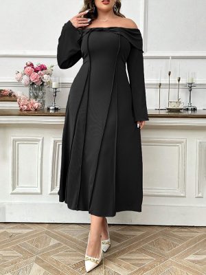 Plus Size Boat Collar Midi Dress – Elegant Autumn Winter Styl