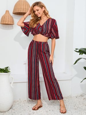 Women’s Urban Striped Two-Piece Set – Short Sleeve Top & Trousers