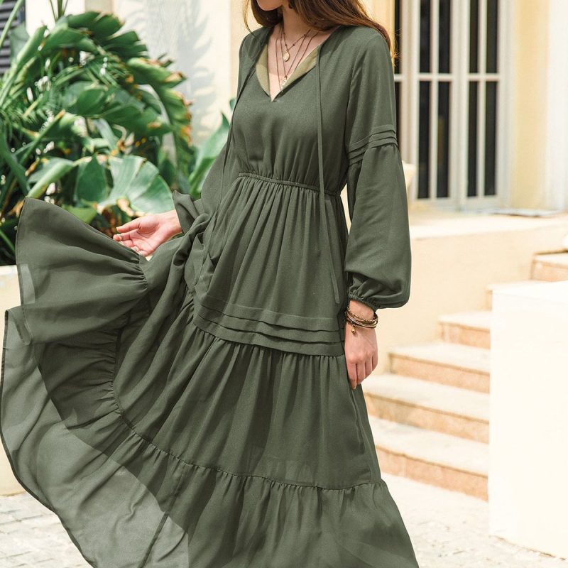 V-Neck Long Sleeve Chiffon Slimming Bohemian Dress for Women - Image 2