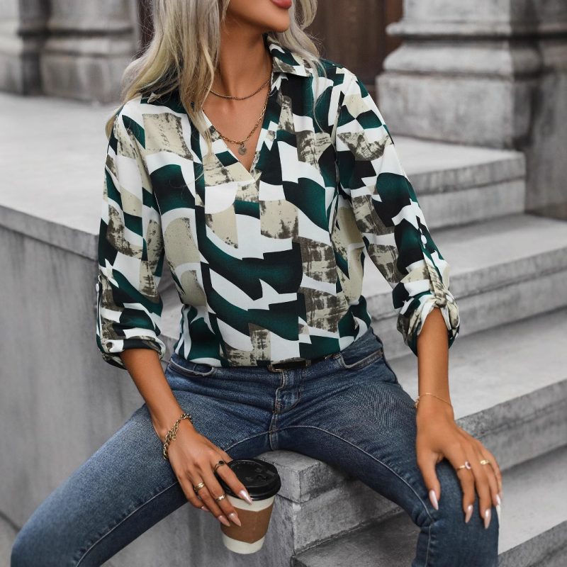 V-Neck Color Block Design Shirt for Women - Image 4