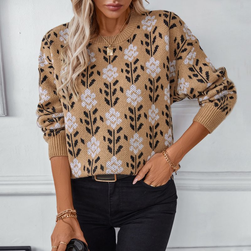 Autumn Winter Floral Jacquard Pullover Sweater for Women, Long Sleeve All-Match - Image 4