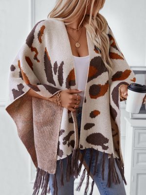 Fur Rain Leopard Print Knitted Tassel Cape Shawl for Women – Autumn Winter