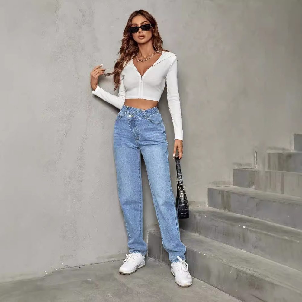 Women’s Asymmetric High Waist Straight Leg Casual Jeans - Image 4