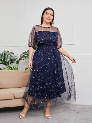 Plus Size French Hepburn Mesh Maxi Dress – Elegant Party Gown