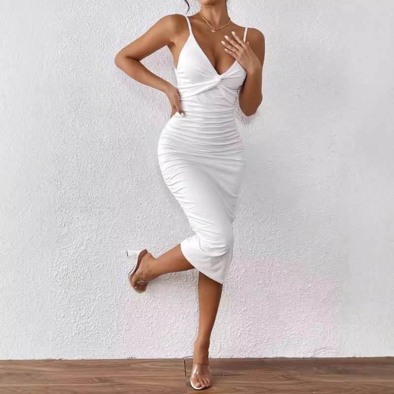 Women Clothing Milk Silk Sleeveless Solid Color Midi Dress White Sexy Backless Dress - Image 4