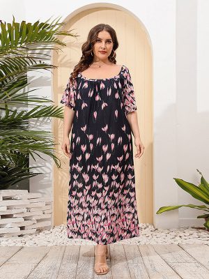 Plus Size Floral Print Maxi Dress – Loose Short Sleeve Home Wear