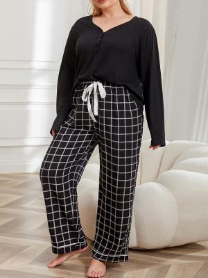 Plus Size V-Neck Long Sleeve Pajamas for Autumn Winter