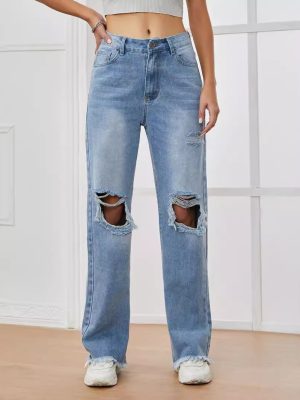 Women’s High Waist Ripped Raw Hem Wide Leg Denim Trousers