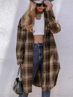 Loose Fitting Woolen Plaid Coat for Women