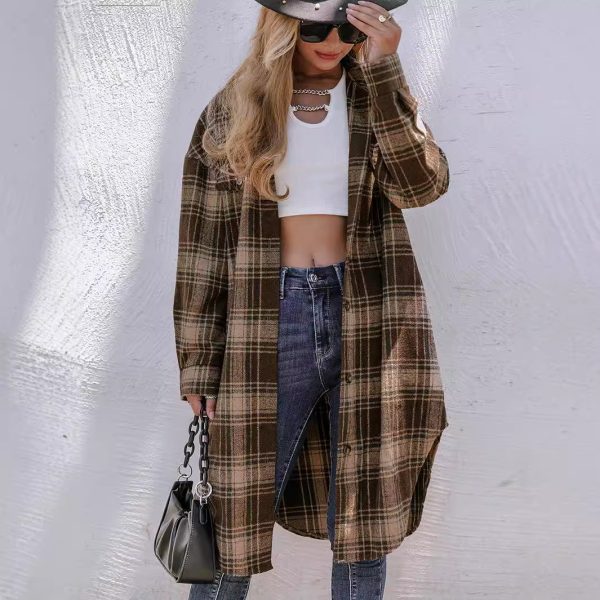 Loose Fitting Woolen Plaid Coat for Women