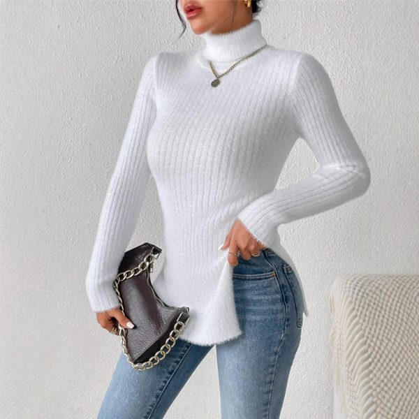 Turtleneck Sweater with Slit Hem – Solid Color Knitwear for Autumn Winter