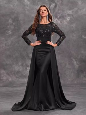 Women’s Elegant Black Sequined Long Sleeve Round Neck Prom Party Dress