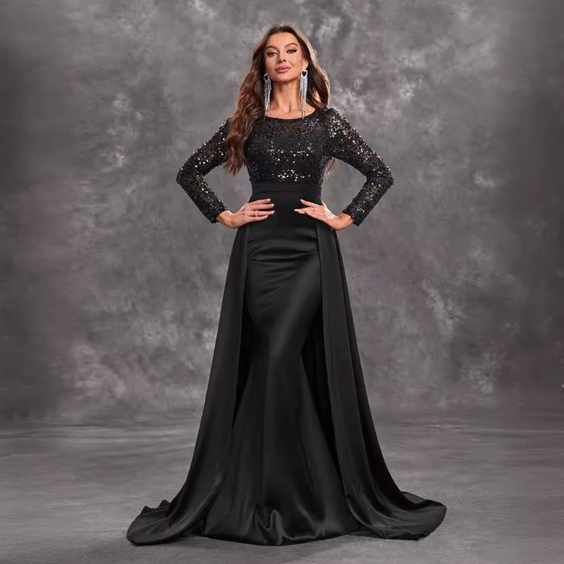 Women’s Elegant Black Sequined Long Sleeve Round Neck Prom Party Dress