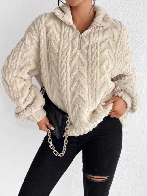 Popular Double Sided Plush Latte Art Casual Zipper Pullover Top for Women