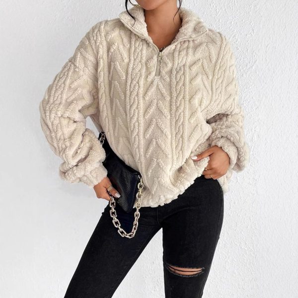 Popular Double Sided Plush Latte Art Casual Zipper Pullover Top for Women