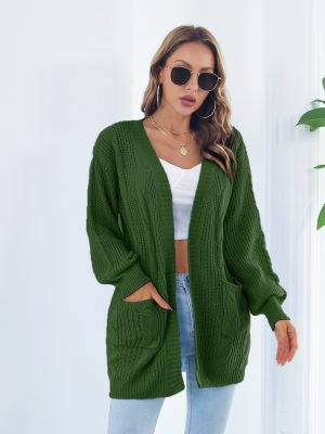 Autumn Winter Casual Loose Lantern Sleeve Pocket Cardigan Sweater Coat