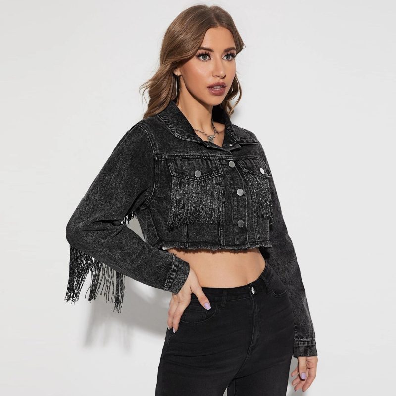 Women’s Old Cowboy Denim Jacket with Tassel Stitching – Vintage Western Style - Image 4
