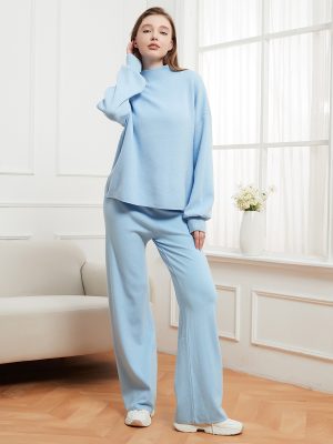 Solid Color Stand Collar Sweater & Trousers Set for Women