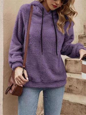 Popular Double Sided Plush Casual Hooded Pullover Loose Solid Color Top