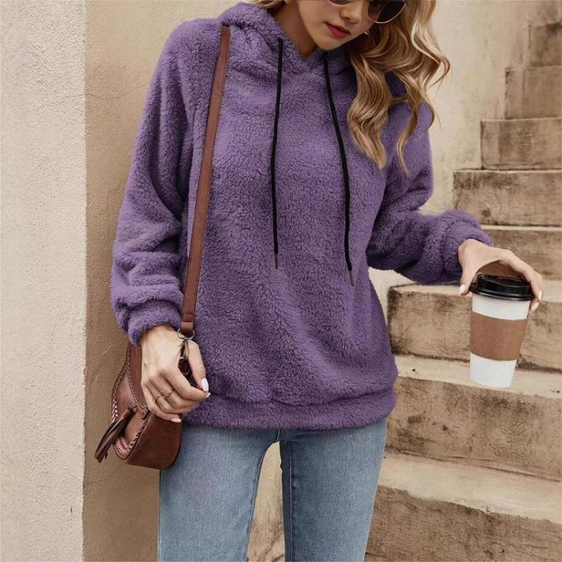 Popular Double Sided Plush Casual Hooded Pullover Loose Solid Color Top