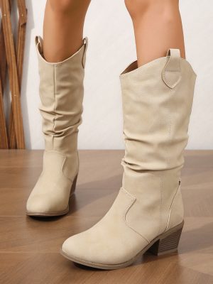 Faux Leather High Top Boots – Chunky Heel Round Toe Women’s Stylish Boots