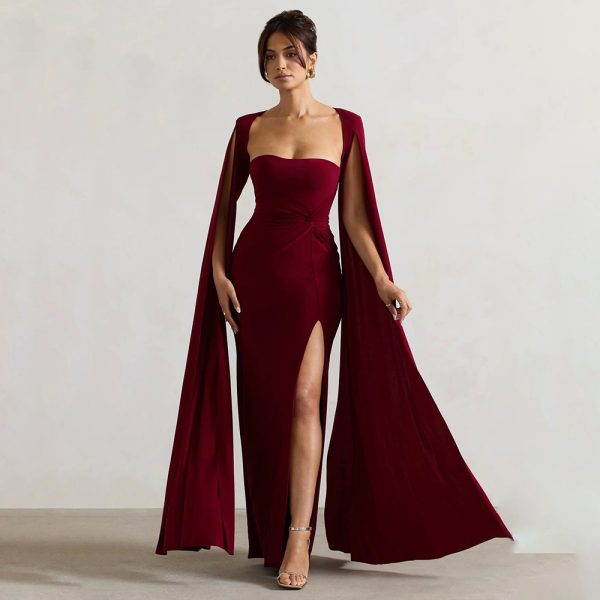 Square Collar Long Sleeve High Slit Solid Color Sexy Dress - Image 2