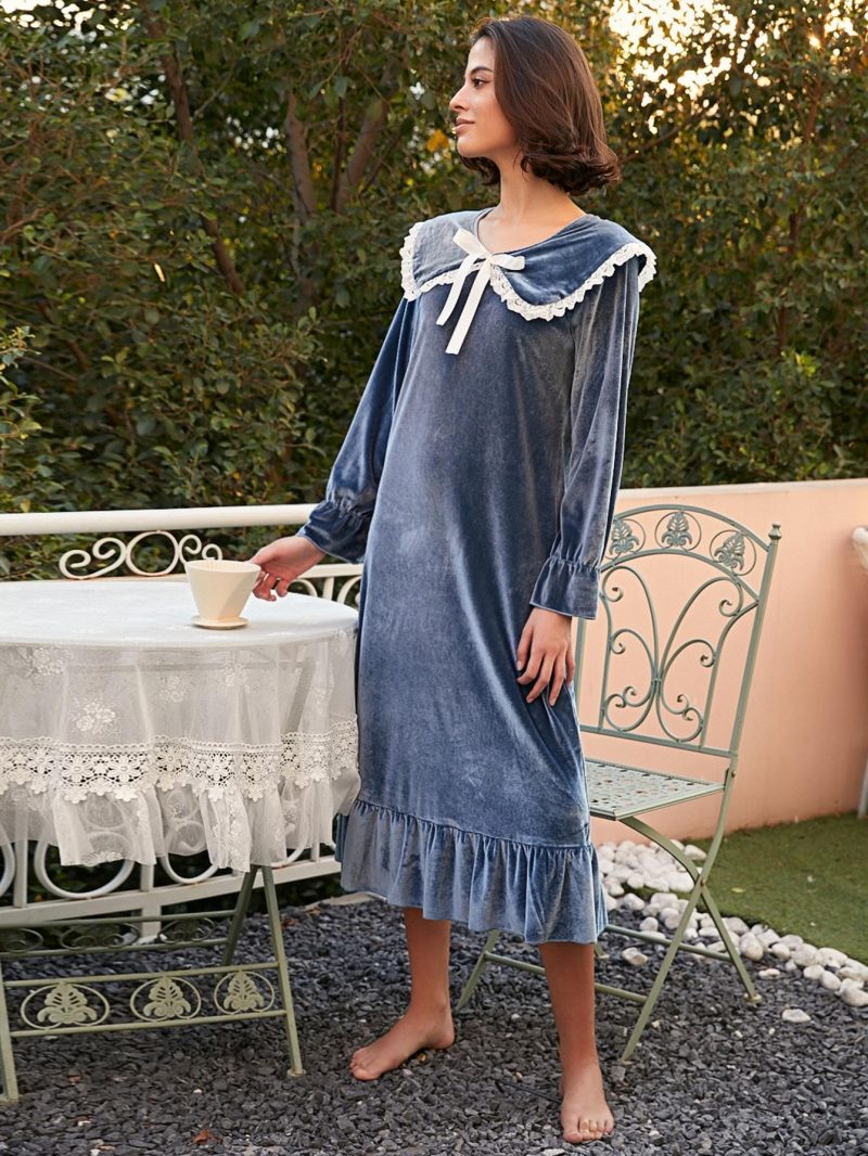 Women's Fleece-Lined Royal Doll Collar Nightdress for Winter - Image 4