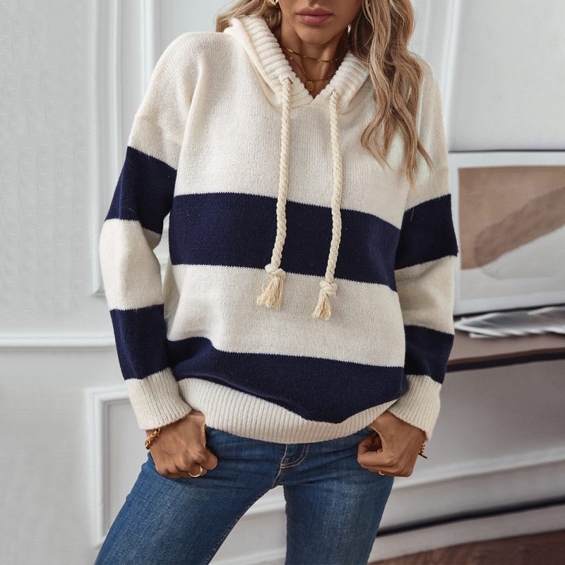 Hooded Color Contrast Pullover Sweater for Women - Autumn Winter - Image 4