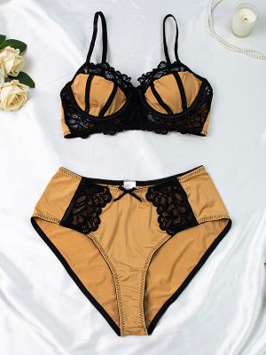 Women French Lace Contrast Color Bra Sexy Two-Piece Set