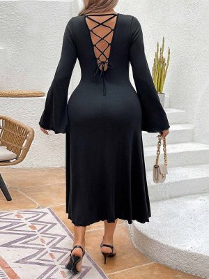 Plus Size Backless Lace-Up Midi Dress – Sexy & Slimming for Fall