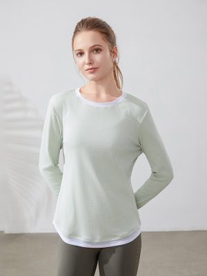 Color Matching Faux Two-Piece Long Sleeve Yoga Top for Women