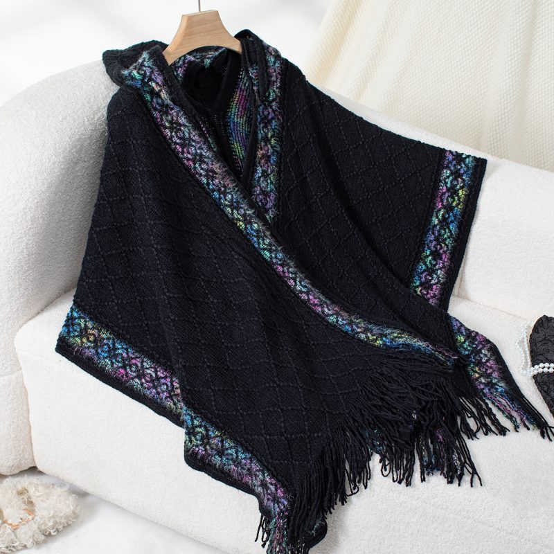 Autumn Winter Ethnic Knitted Hooded Tassel Cape Sweater Shawl for Women - Image 7