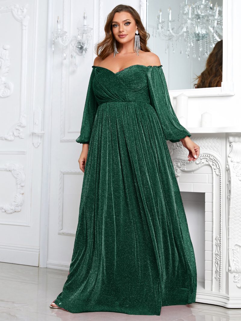 Plus Size Off Shoulder Long Sleeve Solid Color Cocktail Evening Gown - Image 2