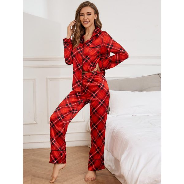 Women’s Red Silk Christmas Pajama Set – Long Sleeve & Trousers - Image 3