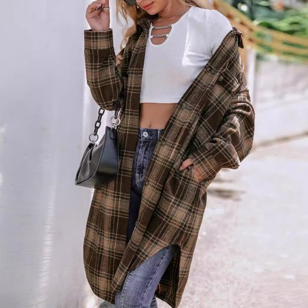 Loose Fitting Woolen Plaid Coat for Women - Image 5